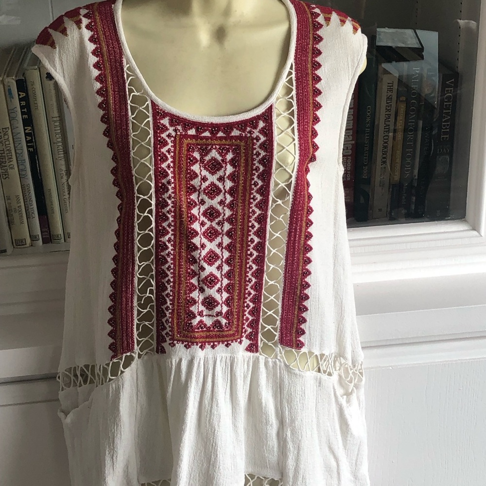 Free People White Sleeveless Tunic with Red Embroidery